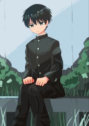 Rule 34 | 1boy, black hair, haida katsuretsu, highres, original, outdoors, sad, school uniform, sitting, solo, tagme