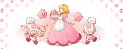 Rule 34 | 1girl, 2boys, apron, blonde hair, blue eyes, bowl, cake, chef hat, commentary, dress, earrings, english commentary, food, hat, highres, holding, holding bowl, holding cake, holding food, holding whisk, jewelry, long hair, looking at viewer, luma (mario), mario (series), multiple boys, nintendo, open mouth, pink dress, princess peach, saiwoproject, simple background, sphere earrings, toad (mario), vest, whisk, white apron