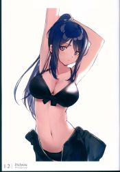 Rule 34 | 10s, 1girl, :/, absurdres, armpits, arms up, bikini, bikini under clothes, black bikini, blue hair, bodysuit, bow, breasts, cleavage, closed mouth, collarbone, cowboy shot, diving suit, expressionless, hair bow, head tilt, high ponytail, highres, huanxiang heitu, huge filesize, large breasts, leaning to the side, long hair, looking at viewer, love live!, love live! sunshine!!, matsuura kanan, navel, open wetsuit, page number, ponytail, purple eyes, scan, simple background, solo, standing, stomach, stretching, sweat, swimsuit, wetsuit, white background, white bow