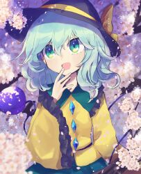 Rule 34 | 1girl, black hat, bow, branch, buttons, cherry blossoms, collar, commentary, dappled sunlight, diamond button, falling petals, frilled collar, frilled sleeves, frills, green eyes, green hair, green sailor collar, green skirt, hair between eyes, hand to own mouth, hat, hat bow, highres, komeiji koishi, long sleeves, looking at flowers, looking to the side, medium hair, open mouth, petals, sailor collar, shirt, skirt, smile, sunlight, third eye, touhou, tsukikusa, upper body, wavy hair, wide sleeves, yellow bow, yellow shirt