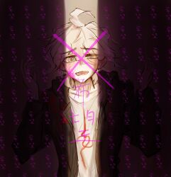 1boy :d ahoge blush boree_(user_dcjj5485) collarbone danganronpa_(series) danganronpa_2:_goodbye_despair fang green_jacket hair_between_eyes hands_up highres hood hooded_jacket jacket komaeda_nagito messy_hair open_clothes open_jacket open_mouth pink_background print_shirt shirt smile solo translation_request upper_body