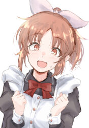 Rule 34 | 1girl, abe nana, apron, black dress, blush, bow, bowtie, breasts, brown eyes, brown hair, clenched hands, dot nose, dress, hair ribbon, hands up, highres, idolmaster, idolmaster cinderella girls, idolmaster cinderella girls starlight stage, long sleeves, looking at viewer, medium breasts, open mouth, pink ribbon, ponytail, puffy long sleeves, puffy sleeves, red bow, red bowtie, ribbon, short hair, simple background, smile, solo, sweatdrop, unu (unucence), upper body, white apron, white background