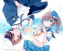 Rule 34 | + +, 1boy, 1girl, absurdres, ahoge, aircraft, airplane, bendy straw, beret, black jacket, blue headwear, blue nails, blue pants, blue sailor collar, blue skirt, blush stickers, bow, brown bow, brown eyes, brown hair, brown neckwear, cherry, chon (chon33v), closed mouth, collared shirt, commentary request, contrail, copyright notice, crop top, crossover, dress shirt, drink, drinking straw, food, fruit, green eyes, grin, hair ornament, hat, hat bow, heterochromia, highres, hololive, holostars, ice, ice cube, jacket, layered skirt, long hair, looking at viewer, nail polish, natsuiro matsuri, navel, necktie, official art, open clothes, open jacket, pants, pleated skirt, puffy short sleeves, puffy sleeves, purple eyes, sailor collar, shirt, short sleeves, side ponytail, skirt, smile, steepled fingers, striped, striped bow, tilted headwear, upside-down, virtual youtuber, watermark, white shirt, yukoku roberu