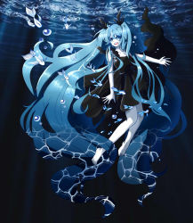 Rule 34 | 1girl, absurdly long hair, anniversary, aqua eyes, aqua hair, artist name, artist request, bare legs, bare shoulders, bellcat, black dress, black skirt, blue eyes, blue hair, blush, breasts, cleavage, collarbone, deep sea girl, dress, feet, female focus, fish, full body, hatsune miku, highres, long hair, ocean, seafloor, outstretched arms, parted lips, shinkai shoujo (vocaloid), skirt, small breasts, smile, solo, twintails, very long hair, vocaloid