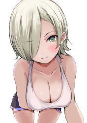 Rule 34 | 1girl, absurdres, arm under breasts, bare shoulders, black shorts, blush, breasts, cleavage, closed mouth, collarbone, commentary request, commission, gengoroh, green eyes, green hair, hair over one eye, highres, large breasts, leaning forward, looking at viewer, love live!, love live! nijigasaki high school idol club, mia taylor, pixiv commission, short hair, shorts, simple background, solo, white background