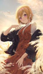 Rule 34 | 1girl, absurdres, black jacket, blonde hair, blurry, blurry foreground, blush, breasts, depth of field, dress, earrings, floral print, highres, idolmaster, idolmaster shiny colors, jacket, jacket partially removed, jewelry, looking at viewer, mansu (user pnmp4287), outdoors, pinafore dress, purple eyes, saijo juri, short hair, sleeveless, sleeveless dress, small breasts, smile, solo