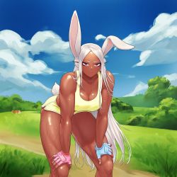 Rule 34 | 1girl, absurdres, animal ears, asymmetrical gloves, bare shoulders, boku no hero academia, breasts, cleavage, dark-skinned female, dark skin, dog, fingerless gloves, gabriel carrasquillo, gloves, hands on own knees, highres, hunched over, large breasts, long eyelashes, long hair, looking at viewer, mirko, mismatched gloves, multicolored nails, nail polish, outdoors, parted bangs, rabbit ears, rabbit girl, rabbit tail, red eyes, shiny skin, short shorts, shorts, solo, sports bra, sweat, tail, thick thighs, thighs, toned, white hair, yellow shorts, yellow sports bra