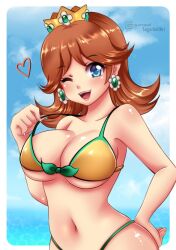 Rule 34 | 1girl, bikini, blue eyes, blue sky, breasts, brown hair, cleavage, crown, earrings, flower earrings, grin, hand on own hip, heart, jewelry, large breasts, looking at viewer, mario (series), navel, nintendo, one eye closed, open mouth, princess daisy, shiny skin, sky, smile, solo, spoken heart, standing, sugarbell, super mario land, swimsuit, water, wink