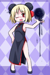 Rule 34 | 1girl, blonde hair, china dress, chinese clothes, darkness, double bun, dress, fang, female focus, flats, hair bun, hand on own hip, kugelschreiber, one eye closed, red eyes, rumia, short hair, solo, touhou, wink