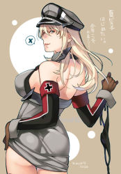 Rule 34 | 1girl, ass, bismarck (kancolle), blonde hair, blue eyes, brown gloves, commentary request, cowboy shot, cross, detached sleeves, from behind, gloves, hat, hiyoshi hana, holding, holding clothes, holding panties, holding underwear, iron cross, kantai collection, lips, military, military hat, military uniform, panties, unworn panties, peaked cap, solo, speech bubble, spoken x, translation request, two-tone background, underwear, uniform