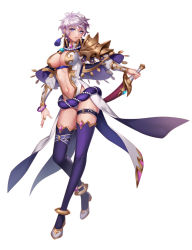 Rule 34 | 1girl, armor, breasts, capelet, earrings, full body, holding, holding sword, holding weapon, jewelry, large breasts, leotard, long sleeves, looking at viewer, navel, official art, purple eyes, purple hair, revealing clothes, ring, short hair, shoulder armor, simple background, solo, standing, sword, tenshi mikadokuni, thigh strap, thighhighs, weapon, white background