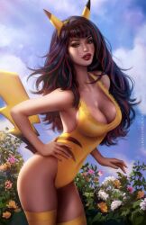 Rule 34 | 1girl, animal ears, artist name, bare shoulders, blue sky, breasts, cleavage, cloud, comic cover, commentary, cosplay, costume, covered navel, cowboy shot, creatures (company), day, english commentary, fake animal ears, flower, game freak, gen 1 pokemon, hand on own hip, highres, large breasts, long hair, looking at viewer, nintendo, outdoors, pikachu, pikachu (cosplay), pokemon, sky, solo, standing, sunkhamunaki, thighs, zenescope