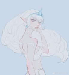 Rule 34 | 1girl, back, bare shoulders, blue background, blue eyes, blush, earrings, highres, janna (league of legends), jewelry, league of legends, light blush, long hair, looking at viewer, looking back, lucky strike (artist), parted lips, pointy ears, simple background, single earring, sketch, solo, tiara, white hair