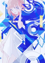 Rule 34 | 1girl, abstract, absurdres, arm at side, blue cloak, blue eyes, chinese commentary, cloak, commentary request, dress, expressionless, fagun yibei, geometry, graph, hair over shoulder, hand up, highres, hood, hood down, hooded cloak, kaf (kamitsubaki studio), kamitsubaki studio, long hair, looking at viewer, low ponytail, multicolored eyes, ok sign, ok sign over eye, open mouth, pink hair, red eyes, short dress, sleeveless, sleeveless dress, solo, song name, virtual youtuber, white dress, yellow pupils