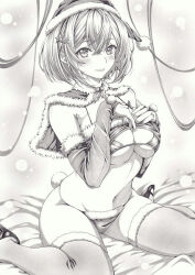 Rule 34 | 1girl, azur lane, bikini, breasts, christmas, cleavage, clothes lift, detached sleeves, graphite (medium), hair ornament, hat, large breasts, lifting own clothes, mikuro, monochrome, navel, santa costume, santa hat, shirt lift, short hair, sirius (azur lane), sitting, solo, star (symbol), star hair ornament, swimsuit, tail, thighhighs, traditional media, wariza