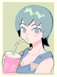 Rule 34 | 1girl, a (poipiku 325815), blue overalls, blush, border, breasts, cleavage, collarbone, commentary request, cup, disposable cup, drinking straw, foo fighters (jojo), green background, green eyes, green hair, green lips, hand up, holding, holding cup, jojo no kimyou na bouken, looking at viewer, medium breasts, overalls, short hair, solo, stone ocean, upper body, white border