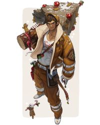 Rule 34 | 1boy, belt, brown coat, brown hair, brown hat, brown pants, christmas ornaments, coat, covered abs, full body, gingerbread man, hat, highres, holding, looking at viewer, muscular, muscular male, original, pants, pectorals, print shirt, rinotuna, shirt, shoes, smile, snow, solo, standing, white belt, white footwear, white shirt
