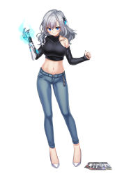 Rule 34 | 1girl, bare shoulders, black shirt, blue eyes, blue pants, breasts, chojo: crypto girls arena, clothing cutout, collarbone, crop top, denim, full body, grin, hair ornament, hand up, high heels, highres, jeans, kyjsogom, large breasts, long hair, looking at viewer, midriff, nail polish, navel, official art, pants, prosthesis, prosthetic arm, shirt, shoulder cutout, silver hair, simple background, smile, solo, standing, stomach, white background