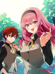 Rule 34 | 1boy, 1girl, :d, akaishi yashi, bag, blush, brown eyes, brown hair, collared shirt, day, hairband, highres, holding, holding bag, long hair, long sleeves, looking at viewer, necktie, open mouth, original, outdoors, pink eyes, pink hair, school bag, school uniform, shirt, signature, smile, tree, triangle mouth, vest