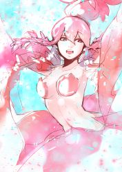 Rule 34 | 1girl, azuumori, breasts, commentary, english commentary, floating hair, hands up, highres, houseki no kuni, large breasts, looking at viewer, open mouth, outstretched arms, pasties, pink eyes, pink hair, pink theme, sketch, solo, spread arms, topknot, ventricosus
