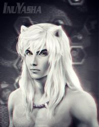 Rule 34 | 1boy, animal ears, artist name, bead bracelet, bead necklace, beads, bracelet, cat boy, cat ears, character name, chromatic aberration, greyscale, inuyasha, inuyasha (character), jewelry, kay-i, male focus, monochrome, muscular, necklace, realistic, solo, spot color, topless male, upper body, yellow eyes