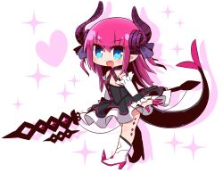 Rule 34 | 1girl, :d, black dress, blue eyes, blush, boots, chibi, commentary request, curled horns, detached sleeves, dragon girl, dragon horns, dragon tail, dress, elizabeth bathory (fate), elizabeth bathory (fate/extra ccc), elizabeth bathory (first ascension) (fate), fang, fate/extra, fate/extra ccc, fate (series), full body, hair between eyes, hair ribbon, heart, high heel boots, high heels, highres, horns, long hair, long sleeves, looking at viewer, naga u, open mouth, pink hair, purple ribbon, ribbon, simple background, sleeveless, sleeveless dress, smile, solo, sparkle, spiked boots, spikes, standing, tail, tail raised, two side up, very long hair, weapon, white background, white footwear, white sleeves