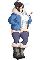 Rule 34 | 1girl, breasts, brown eyes, brown hair, cellphone, coat, covered erect nipples, covered navel, fat, full body, fur coat, glasses, hair bun, hair ornament, hair stick, hairpin, highres, koitonic, large breasts, leotard, mei (overwatch), overwatch, overwatch 1, parted lips, phone, plump, single hair bun, smartphone, snow boots, solo, standing, thick thighs, thighhighs, thighs
