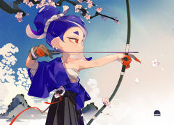 Rule 34 | 1girl, alternate costume, arrow (projectile), bandeau, black skirt, blue hair, blue kimono, bow (weapon), branch, breasts, brown gloves, cherry blossoms, colored extremities, commentary request, earrings, fingernails, gloves, hadanugi dousa, hair tie, hakama, hakama skirt, high ponytail, holding, holding arrow, holding bow (weapon), holding weapon, japanese clothes, jewelry, kimono, looking ahead, medium hair, multiple earrings, nintendo, octoling, open kimono, outstretched arm, parted lips, partially fingerless gloves, partly fingerless gloves, profile, red eyes, sharp fingernails, shiver (splatoon), short eyebrows, single glove, skirt, small breasts, solo, splatoon (series), splatoon 3, suction cups, tentacle hair, tooth earrings, towo nita, weapon, white bandeau, wide sleeves, yugake