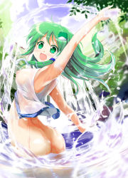Rule 34 | 1girl, armpits, ass, blush, bottomless, breasts, female focus, forest, frog hair ornament, green eyes, green hair, hair ornament, hair tubes, kochiya sanae, large breasts, leaf, long hair, matching hair/eyes, nature, nipples, open mouth, partially submerged, porurin (do-desho), revision, see-through, smile, snake hair ornament, solo, standing, touhou, wading
