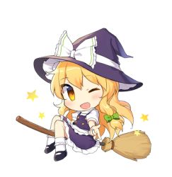 Rule 34 | 1girl, black footwear, black hat, black skirt, black vest, blonde hair, bow, braid, broom, broom riding, buttons, chibi, frilled skirt, frills, full body, green bow, hair bow, hat, hat bow, kirisame marisa, long hair, looking at viewer, lowres, one eye closed, open mouth, pointing, shirt, short sleeves, simple background, single braid, skirt, smile, solo, star (symbol), touhou, transparent background, vest, white background, white bow, white legwear, white shirt, witch hat, yada (xxxadaman), yellow eyes