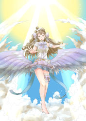 Rule 34 | 1girl, absurdres, arm strap, artist name, artist request, back bow, bare shoulders, blue sky, blush, bow, bowtie, brown eyes, brown hair, cloud, cowboy shot, dress shirt, feathered wings, feet, female focus, floating, floating hair, flower, full body, grey hair, hair bow, hair flower, hair ornament, hair ribbon, head tilt, heart, highres, layered skirt, light brown hair, long hair, looking at viewer, love live!, love live! school idol festival, love live! school idol project, minami kotori, miniskirt, mismatofuture, multicolored clothes, multicolored skirt, outstretched arms, pink bow, pink bowtie, pink skirt, pleated skirt, purple flower, ribbon, shirt, skirt, sky, sleeveless, sleeveless shirt, smile, solo, standing, striped bow, striped bowtie, striped clothes, turtleneck, very long hair, white bow, white ribbon, white shirt, wings