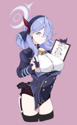 Rule 34 | 1girl, absurdres, ako (blue archive), bad id, bad pixiv id, bell, black gloves, black skirt, black thighhighs, blue archive, blue coat, blue eyes, blue hair, blue hairband, breasts, clipboard, closed mouth, coat, earrings, garter straps, gloves, gun, hair between eyes, hair ribbon, hairband, half gloves, halo, handgun, highres, jewelry, large breasts, long hair, looking at viewer, luger p08, miniskirt, neck bell, ocha (popopogg), pink background, red ribbon, ribbon, sideboob, simple background, skirt, smile, solo, thighhighs, thighs, weapon