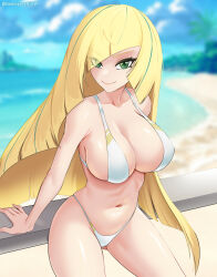 Rule 34 | 1girl, arm support, artist name, bare arms, bare shoulders, beach, bikini, blonde hair, breasts, closed mouth, collarbone, cowboy shot, creatures (company), deepspace, eyebrows, eyebrows hidden by hair, eyelashes, eyes visible through hair, female focus, game freak, green eyes, highleg, highleg bikini, highres, large breasts, long hair, looking at viewer, lusamine (pokemon), mature female, navel, nintendo, outdoors, pokemon, pokemon sm, reclining, smile, solo, swimsuit, thighs, tight clothes, water, white bikini