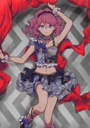 Rule 34 | 1girl, aikatsu! (series), aikatsu stars!, arm up, bad id, bad twitter id, bare shoulders, black shirt, black skirt, blue eyes, cropped shirt, feet out of frame, from above, grey background, hand up, holding cloth, layered skirt, long hair, looking at viewer, lying, midriff, on back, pink hair, sakuraba rola, shiontaso, shirt, skirt, sleeveless, sleeveless shirt, solo, wrist cuffs