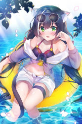Rule 34 | 1girl, :d, absurdres, animal ear fluff, animal ears, bad id, bad pixiv id, bikini, black hair, breasts, cat girl, cat paw, cleavage, collarbone, commentary request, eyewear on head, fang, green eyes, highres, innertube, jacket, karyl (princess connect!), karyl (summer) (princess connect!), leaf, long hair, nanahachi, navel, open fly, open mouth, petals, princess connect!, purple bikini, see-through, shorts, sidelocks, small breasts, smile, solo, sunglasses, swim ring, swimsuit, tail, thigh strap, two-tone bikini, unbuttoned, water, wet, white shorts