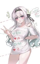 1girl :o black_hairband bra_strap breasts collarbone commentary cowboy_shot cut-here_line firefly_(honkai:_star_rail) green_hair grey_hair hairband highres honkai:_star_rail honkai_(series) ien_(to_yen) long_hair medium_breasts multicolored_hair no_pants shirt simple_background solo thighs twitter_strip_game two-tone_eyes two-tone_hair v white_background white_shirt