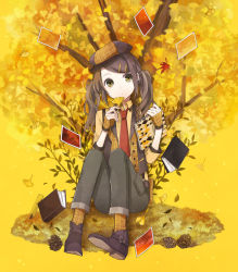 Rule 34 | 1girl, acorn, ankle boots, autumn, belt boots, beret, book, boots, brown hair, buzz (moi), female focus, full body, green eyes, hair ornament, hairclip, hat, leaf, long hair, nature, necktie, original, outdoors, patterned legwear, pinecone, plaid, plant, sitting, solo, twintails, waistcoat, yellow eyes