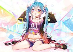 Rule 34 | + +, 1girl, belt, black footwear, black jacket, blue hair, blue nails, blush, breasts, bunching hair, chestnut mouth, chinese commentary, clothes writing, collarbone, commentary request, copyright name, facial mark, fingernails, full body, hair between eyes, hands up, hatsune miku, highres, jacket, long hair, long sleeves, multicolored nails, nail polish, open clothes, open jacket, parted lips, partial commentary, pink nails, purple shirt, purple shorts, qys3, red eyes, revision, shirt, shoes, short shorts, shorts, sitting, small breasts, socks, solo, star (symbol), twintails, very long hair, vocaloid, wariza, white belt, white socks