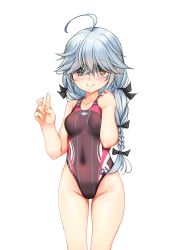 Rule 34 | 1girl, absurdres, ahoge, black one-piece swimsuit, black ribbon, braid, breasts, brown eyes, brown one-piece swimsuit, character name, commentary request, covered navel, cowboy shot, dress, grey hair, hair over eyes, hair ribbon, hamanami (kancolle), highleg, highleg swimsuit, highres, kantai collection, long hair, looking at viewer, multiple views, one-piece swimsuit, ribbon, shirt, simple background, single braid, small breasts, standing, swimsuit, white background, yashin (yasinz), zoom layer