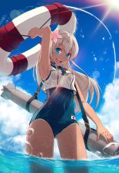 Rule 34 | 10s, 1girl, 40hara, blonde hair, blue eyes, cowboy shot, crop top, crop top overhang, day, fisheye, flower, from below, hair flower, hair ornament, highres, jpeg artifacts, kantai collection, lifebuoy, light rays, long hair, looking at viewer, one-piece tan, open mouth, ro-500 (kancolle), sailor collar, school swimsuit, sky, smile, solo, sunbeam, sunlight, swim ring, swimsuit, swimsuit under clothes, tan, tanline, torpedo, wading