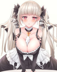 Rule 34 | 1girl, azur lane, between breasts, black dress, blush, breasts, cleavage, commentary, dress, earrings, formidable (azur lane), hair ribbon, heckler kai, highres, jewelry, large breasts, long hair, looking at viewer, parted lips, platinum blonde hair, red eyes, ribbon, solo, twintails, two-tone ribbon, very long hair, white background