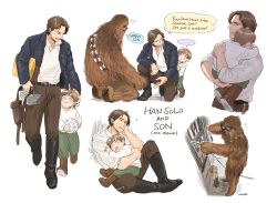 Rule 34 | ..., 3boys, alien, animification, ben solo, boots, brown hair, chewbacca, child, closed eyes, english text, father and son, han solo, jacket, kylo ren, male focus, matsuri6373, multiple boys, open clothes, open jacket, peeking out, science fiction, signature, speech bubble, spoken ellipsis, star wars, star wars: the force awakens, walking