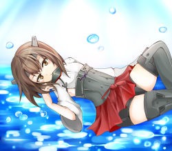 Rule 34 | 10s, 1girl, bike shorts, blush, brown eyes, brown hair, flat chest, headband, headgear, highres, kantai collection, looking at viewer, lying, mesoso, on back, open mouth, personification, short hair, skirt, solo, taihou (kancolle), thighhighs, water