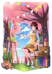 Rule 34 | 1girl, apron, beret, blue sky, blunt bangs, bow, bowtie, bread, brown hair, bubble, bucket, cake, camera, cat bell (artist), catbell413, chair, cherry blossoms, cloud, collared shirt, commentary request, day, food, hat, looking at viewer, original, outdoors, paint tube, paintbrush, painting (action), painting (object), palette (object), pennant, petals, picnic basket, rectangular eyewear, red bow, red bowtie, red eyes, red hat, red skirt, sandwich, shelf, shirt, sitting, skirt, sky, sleeves rolled up, smile, solo, spoon, spring (season), string of flags, thermos, tree, white legwear, white shirt, yellow apron