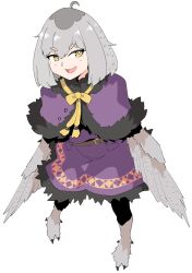 Rule 34 | 1girl, ahoge, archives.gokulism, bird legs, borrowed character, capelet, dress, feathered wings, grey feathers, grey hair, grey wings, harpy, highres, looking at viewer, medium hair, mono (sifserf), monster girl, open mouth, original, owl girl, purple capelet, purple dress, simple background, solo, talons, white background, winged arms, wings, yellow eyes