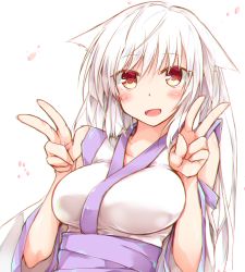 Rule 34 | 1girl, blush, breasts, detached sleeves, double v, fingernails, japanese clothes, long fingernails, long hair, looking at viewer, open mouth, original, petals, red eyes, rinrin (927413), simple background, smile, solo, upper body, v, white background, white hair