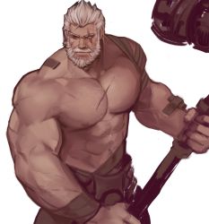 Rule 34 | 1boy, abs, alternate costume, bara, beard, blind, dopey (dopq), facial hair, feet out of frame, fighting stance, hair slicked back, hammer, highres, holding, holding hammer, huge weapon, large pectorals, male focus, mature male, muscular, muscular male, mustache, navel, nipples, old, old man, overwatch, overwatch 1, pectorals, reinhardt (overwatch), scar, scar across eye, scar on chest, scar on face, short hair, solo, stomach, thick eyebrows, topless male, weapon, white background, white hair, wrinkled skin