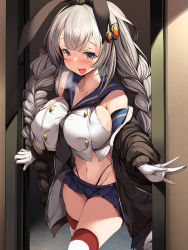 Rule 34 | 1girl, :d, black panties, blue eyes, blue sailor collar, blue skirt, blunt bangs, blush, braid, breasts, collarbone, commentary request, cosplay, doorway, elbow gloves, gloves, grey hair, hair ornament, hair ribbon, highres, huge breasts, kantai collection, kizuna akari, long hair, looking at viewer, miniskirt, navel, open mouth, panties, pleated skirt, ribbon, sailor collar, school uniform, serafuku, shimakaze (kancolle), shimakaze (kancolle) (cosplay), shirt, skirt, smile, solo, standing, stomach, striped clothes, striped thighhighs, symbol-shaped pupils, thighhighs, torisan, twin braids, twintails, underwear, very long hair, voiceroid, white gloves, white shirt