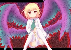 Rule 34 | 1boy, beatmania, beatmania iidx, binsen, blonde hair, blush, collared shirt, feathers, halo, highres, legs, long sleeves, looking at viewer, male focus, mars symbol, midriff, multiple wings, necktie, rche (beatmania), red eyes, shirt, short hair, shorts, smile, solo, star (symbol), thighhighs, trap, white shirt, white thighhighs, wings