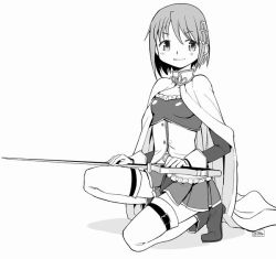Rule 34 | 10s, 1girl, ayanero taicho, cape, cutlass, fortissimo, gloves, greyscale, hair ornament, hairclip, kneeling, magical girl, mahou shoujo madoka magica, mahou shoujo madoka magica (anime), mahou shoujo madoka magica movie 1 &amp; 2, miki sayaka, miki sayaka (magical girl), monochrome, musical note, musical note hair ornament, on one knee, short hair, smile, solo, sword, thighhighs, weapon
